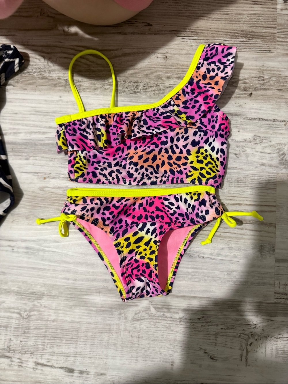 Kensie Girl Neon Pink & Yellow Leopard One-Shoulder Bikini